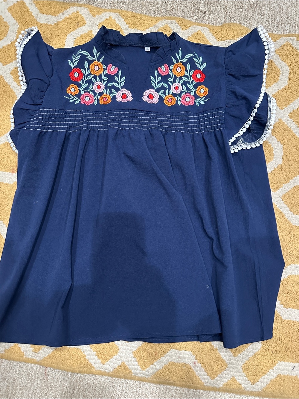 Chic Boutiqu e802 Navy Embroidered Floral Flutter Top